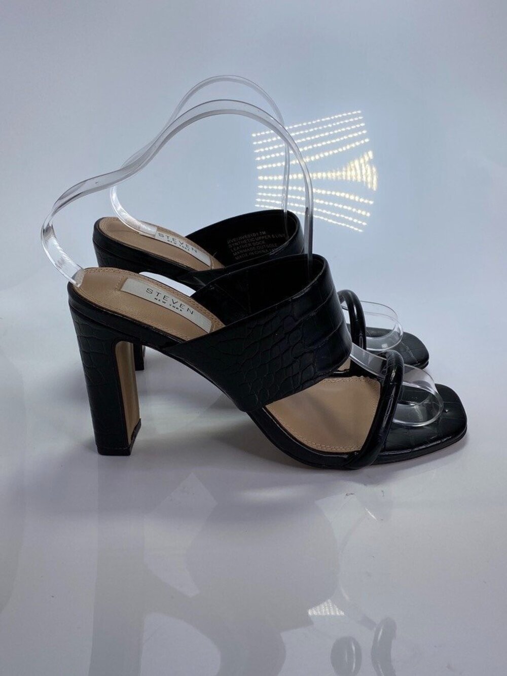 Steven New York Jive Croc Embossed Slip On Heel Sandal in Black Sz 7